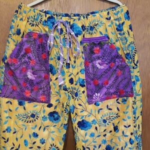 Artisan Made In India. Beautiful Phulkari Yellow & Blue Pant With Drawstring.